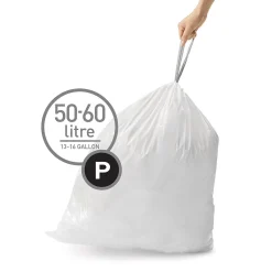 simplehuman Code P 13-16 Gallon Trash Bag, 9" x 12", Low Density, 1.4 mil, White, 200 Bags/Box (CW0274)