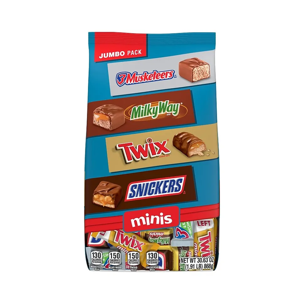 Snickers, Twix, 3Musketeers and MilkyWay Minis Milk Chocolate Candy Bars Bulk Variety Pack, 30.63 oz. (460690)