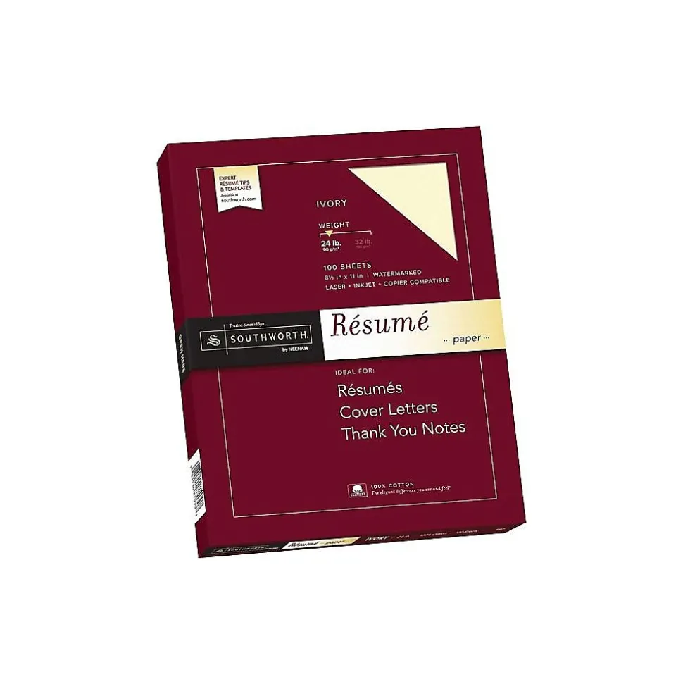 Southworth Resume Paper, 8.5" x 11", 24 lb., Wove-Finish, Ivory, 100 Sheets/Box (R14ICF)