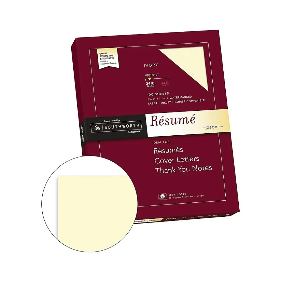 Southworth Resume Paper, 8.5" x 11", 24 lb., Wove-Finish, Ivory, 100 Sheets/Box (R14ICF)