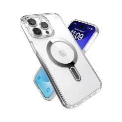 Speck Presidio Perfect-Clear MagSafe ClickLock Phone Case for iPhone 15 Pro Max, Clear/Chrome (150465-3199)