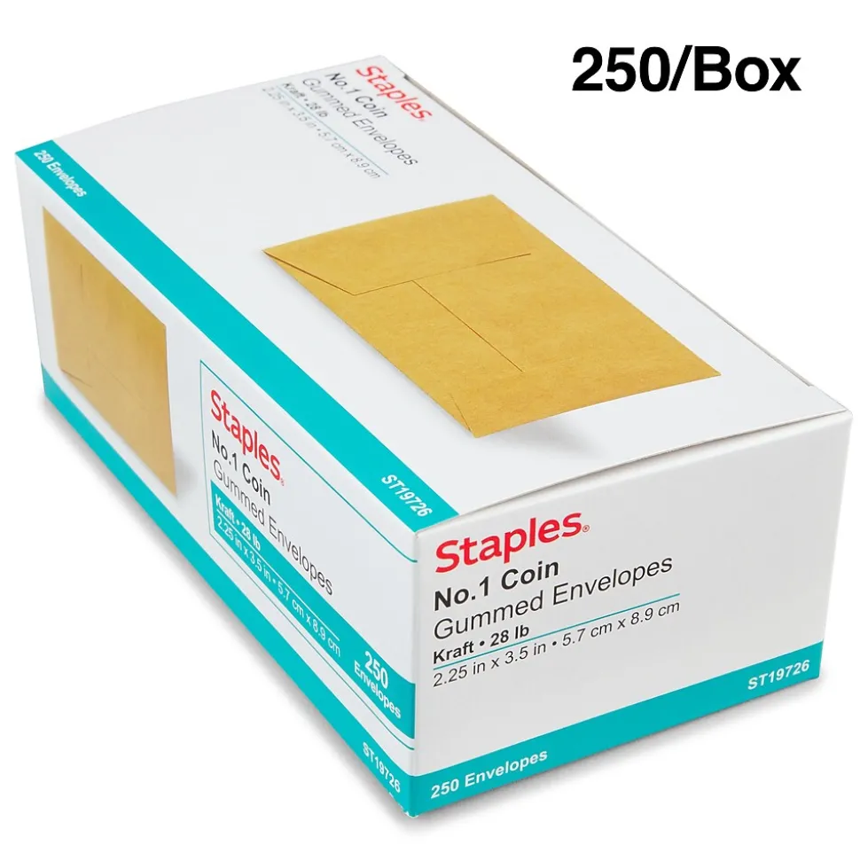 Staples #1 Currency Envelopes, 2 1/4" x 3 1/2", Kraft, 250/Box (ST19726-CC)
