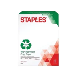 Staples 100% Recycled 8.5" x 11" Copy Paper, 20 lbs., 92 Brightness, 500/Ream (620016)