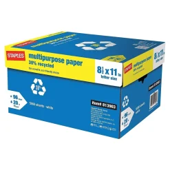 Staples 30% Recycled 8.5" x 11" Multipurpose Paper, 20 lbs., 96 Brightness, 500/Ream, 10 Reams/Carton (86035)