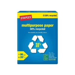 Staples 30% Recycled 8.5" x 11" Multipurpose Paper, 20 lbs., 96 Brightness, 500/Ream, 10 Reams/Carton (86035)