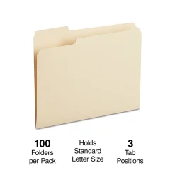 Staples 30% Recycled File Folders, 1/3-Cut Tab, Left Position, Letter Size, Manila, 100/Box (ST116749/116749)