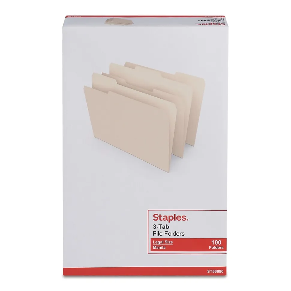 Staples 30% Recycled File Folders, 1/3-Cut Tab, Legal, Manila, 100/Box (ST56680-CC)