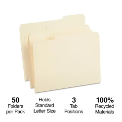 Staples 100% Recycled Heavyweight Reinforced File Folders, 1/3-Cut Tab, Letter Size, Manila, 50/Box (ST452830/452830)