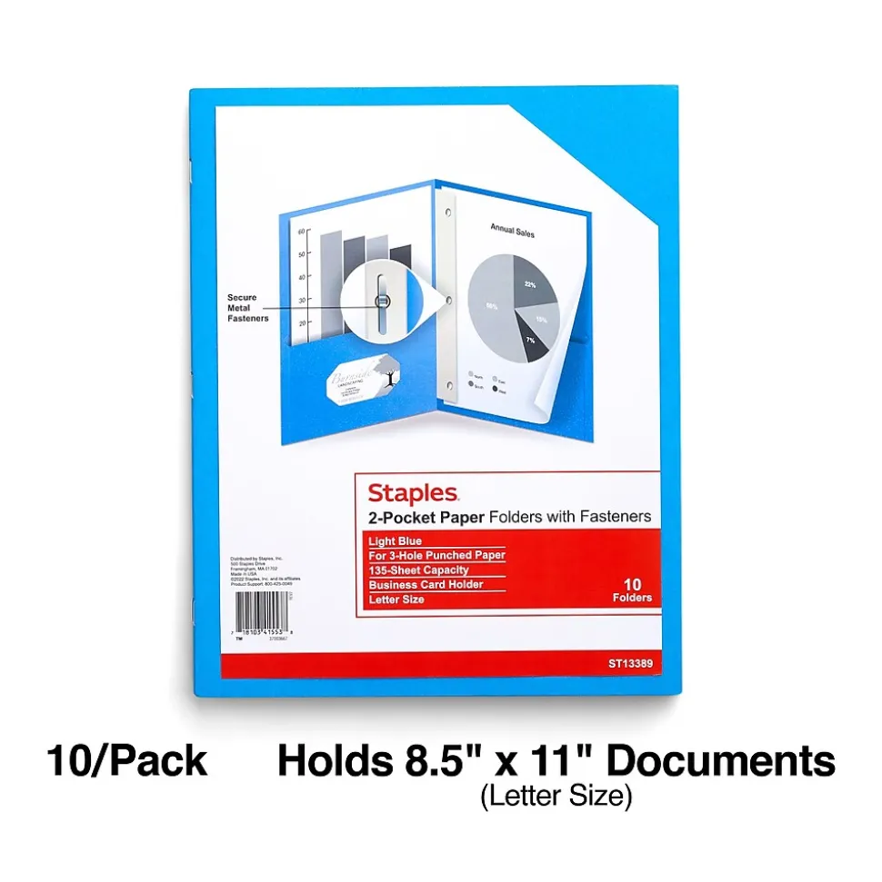 Staples 10% Recycled Matte 2-Pocket Paper Presentation Folder with Fasteners, Light Blue, 10/Pack (13389-CC)