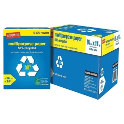 Staples 50% Recycled Multipurpose Paper, 8.5" x 11", 24 lbs., White, 500 Sheets/Ream, 10 Reams/Carton (86059)