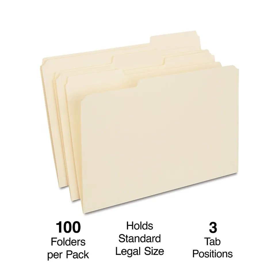 Staples 30% Recycled Reinforced File Folder, 1/3-Cut Tab, Legal Size, Manila, 100/Box (ST606814/606814)