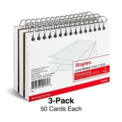 Staples 3" x 5" Index Cards, Lined, White, 50 Cards/Pack, 3 Pack/Carton (TR50991)