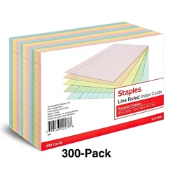 Staples 4" x 6" Index Cards, Lined, Assorted Colors, 300/Pack (TR51000)