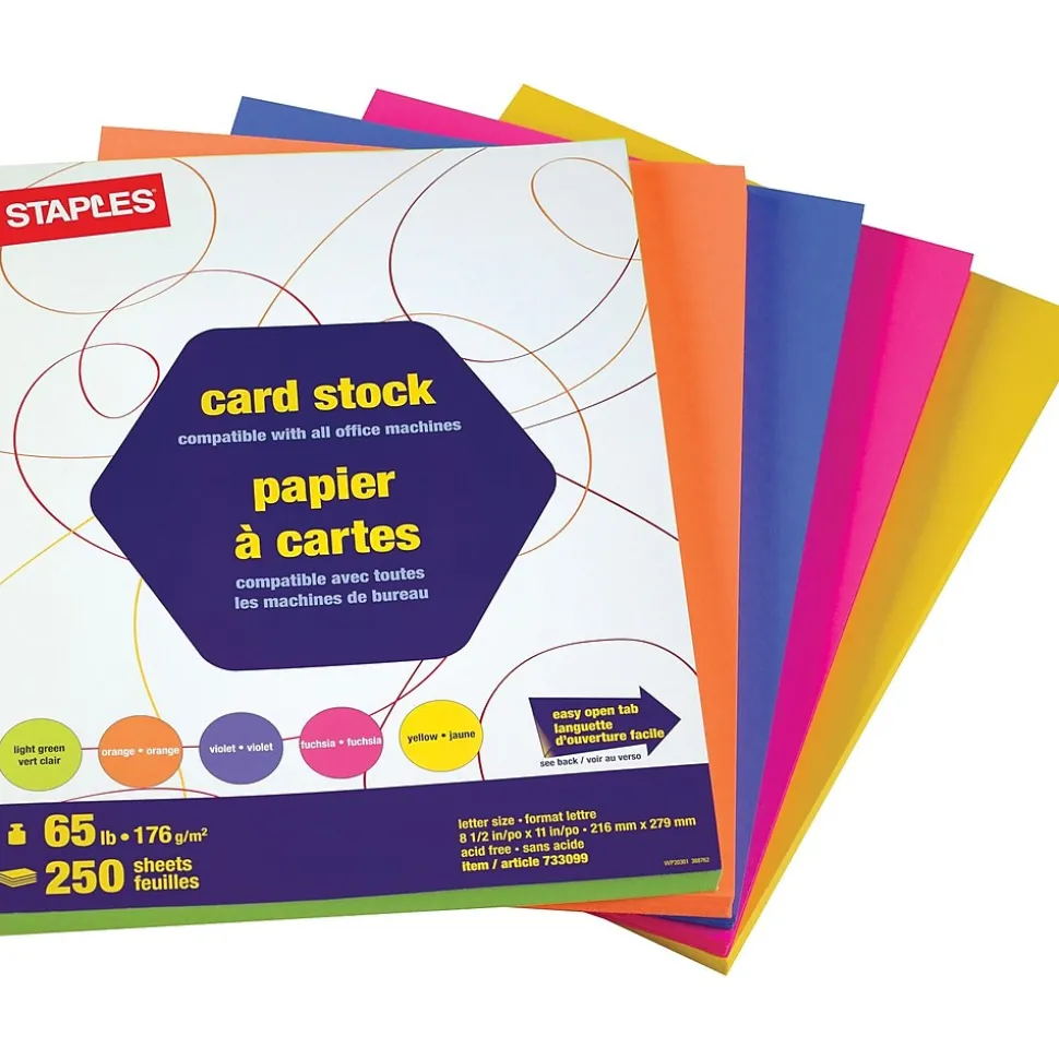 Staples® Brights Colored Card Stock, 8.5" x 11", Neon Assorted, 250 Sheets/Pack (16428)
