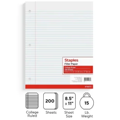 Staples College Ruled Filler Paper, 8.5" x 11", White, 200 Sheets/Pack (TR58372)
