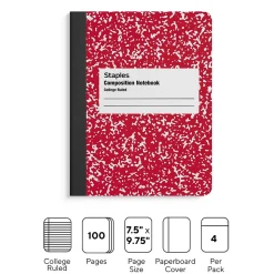 Staples® Composition Notebooks, 7.5" x 9.75", College Ruled, 100 Sheets, Assorted Colors, 4/Pack (ST58370)