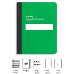 Staples Composition Notebook, 7.5" x 9.75", Wide Ruled, 80 Sheets, Green (ST55085)