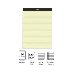 Staples Double-Sheet Notepad, 8.5" x 11.75", Wide Ruled, Canary, 100 Sheets/Pad (20-243)