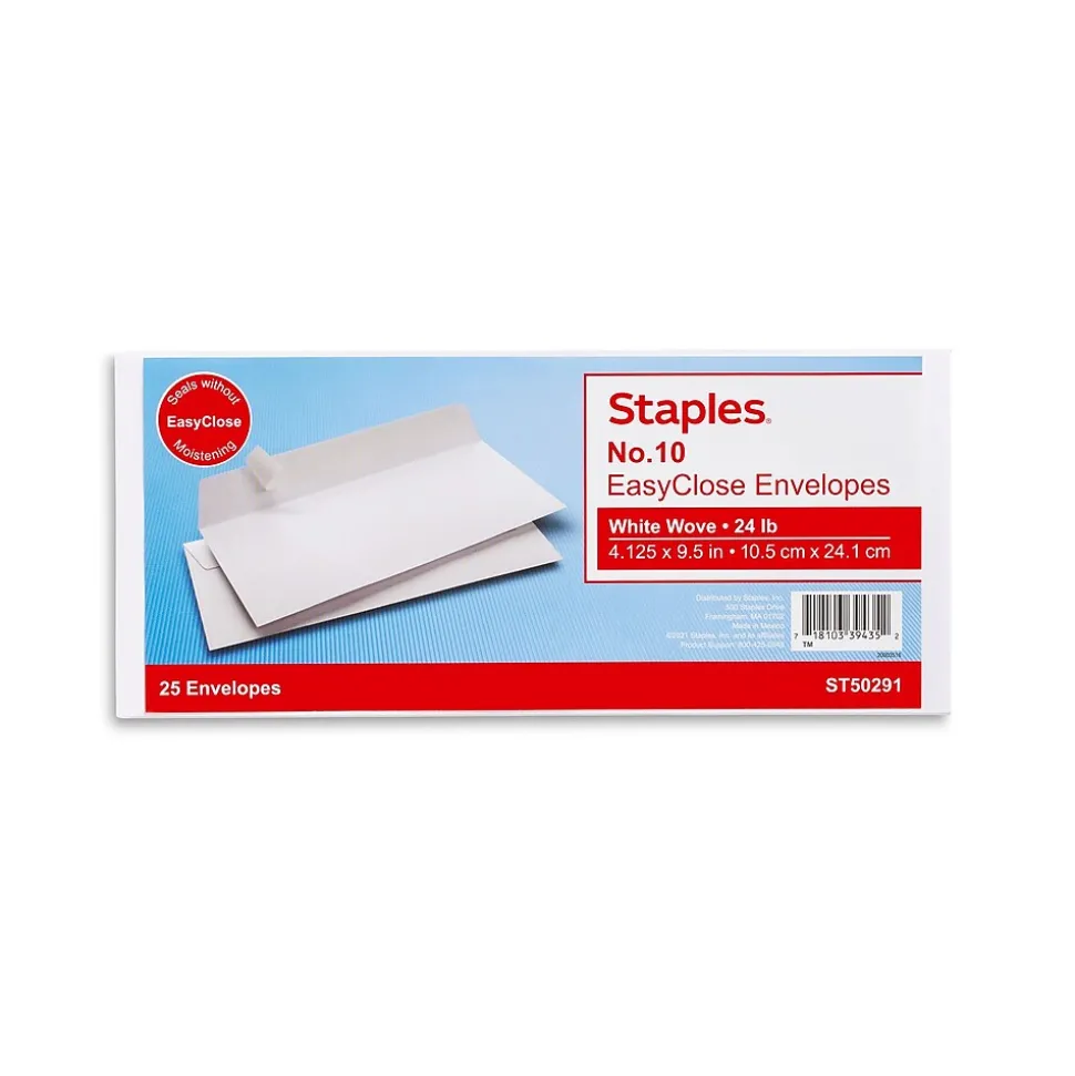 Staples EasyClose #10 Business Envelopes, 4 1/8" x 9 1/2", White, 25/Box (594410/19001)