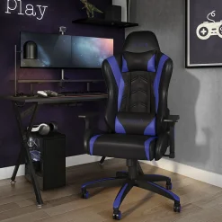 Staples Emerge Vartan Bonded Leather Ergonomic Gaming Chair, Black/Blue (53242V)