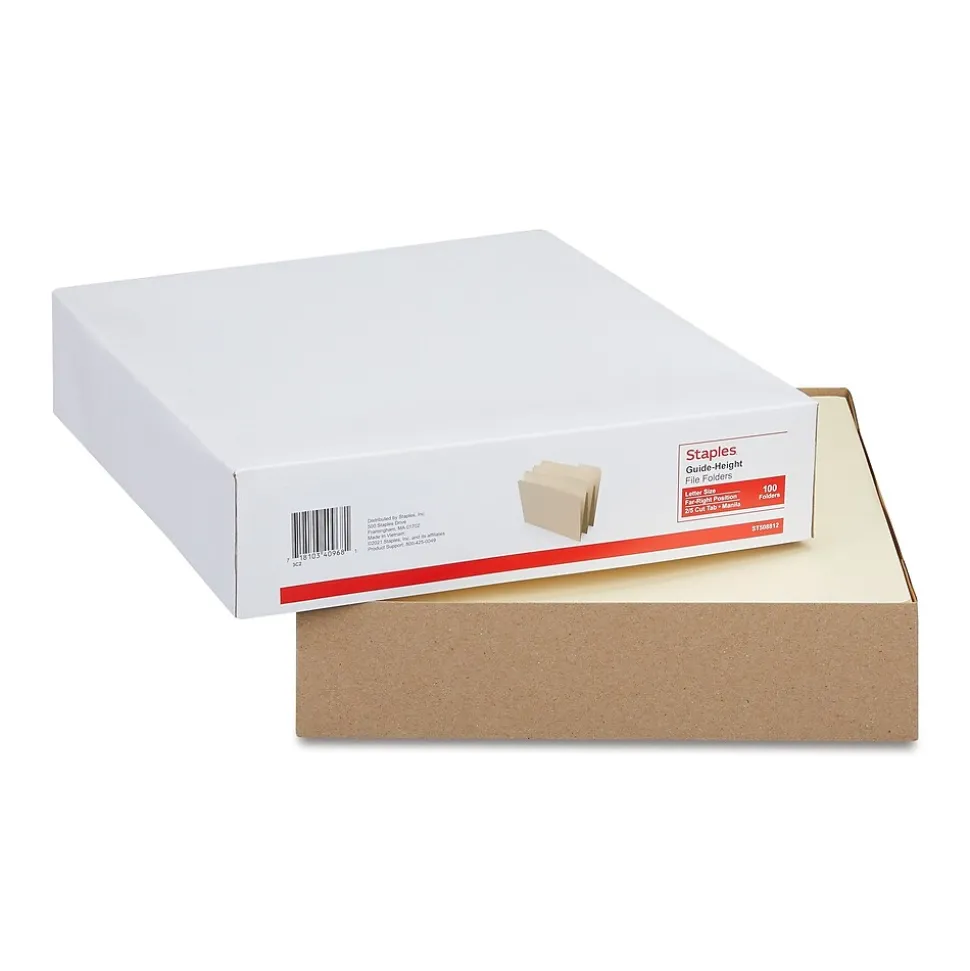 Staples File Folders, Letter Size, Manila, 100/Box (ST508812/508812)