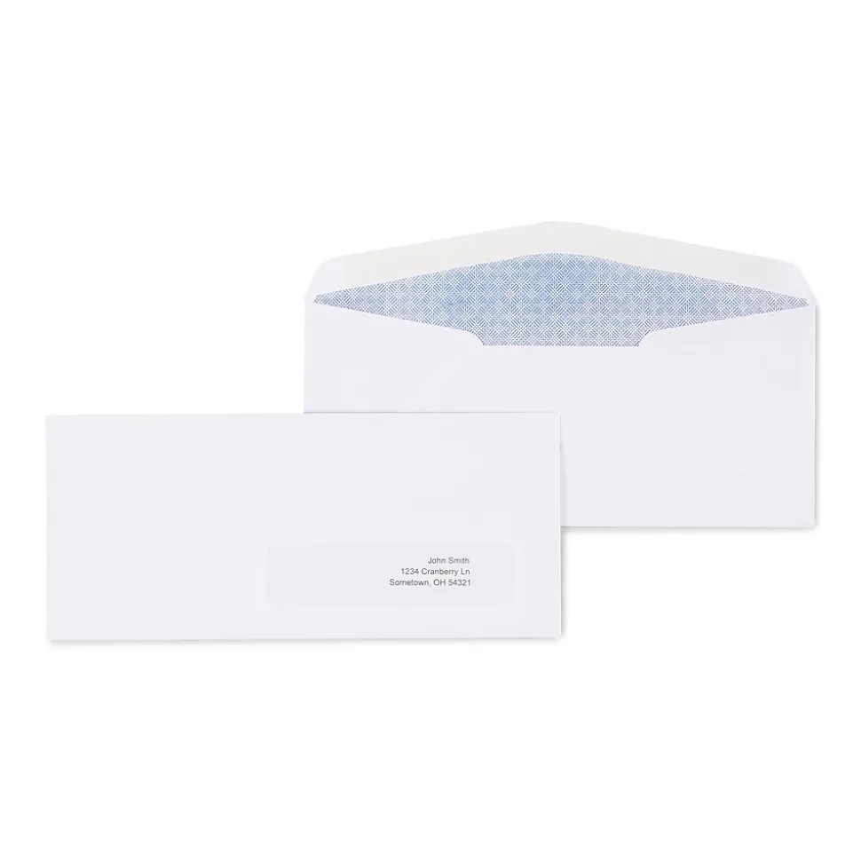 Staples Gummed Security Tinted #10 Window Envelope, 4 1/8" x 9 1/2", White Wove, 500/Box (19806/572043)