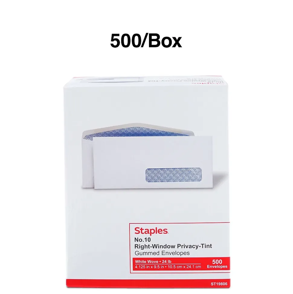 Staples Gummed Security Tinted #10 Window Envelope, 4 1/8" x 9 1/2", White Wove, 500/Box (19806/572043)