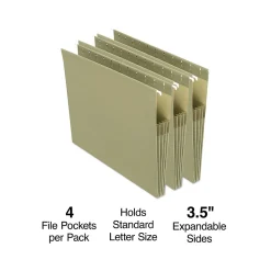 Staples Hanging File Pockets, 3.5" Expansion, Staight Cut, Letter Size, Standard Green, 4/Box (ST260828-CC)