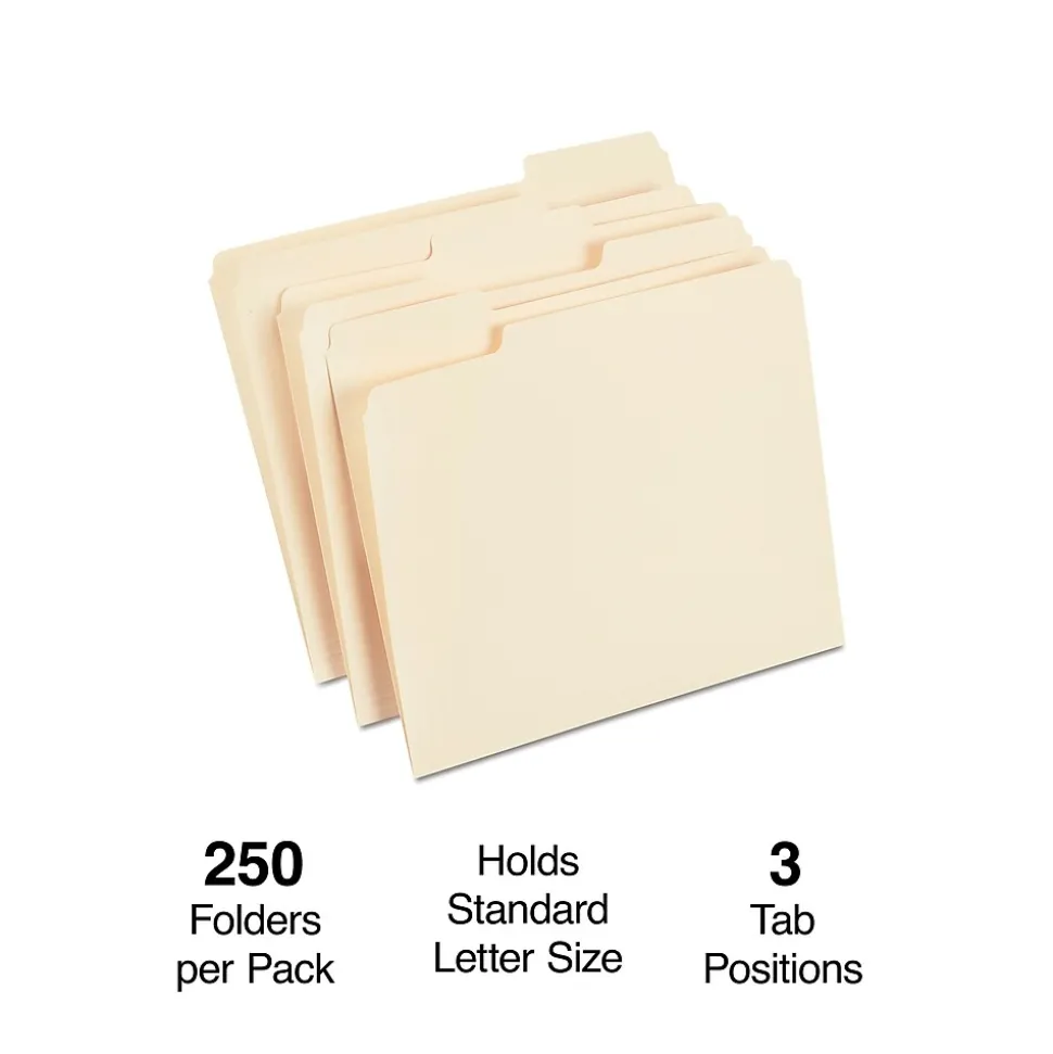 Staples Heavy Duty File Folder, 1/3 Cut Tab, Letter Size, Manila, 250/Box (TR56677)