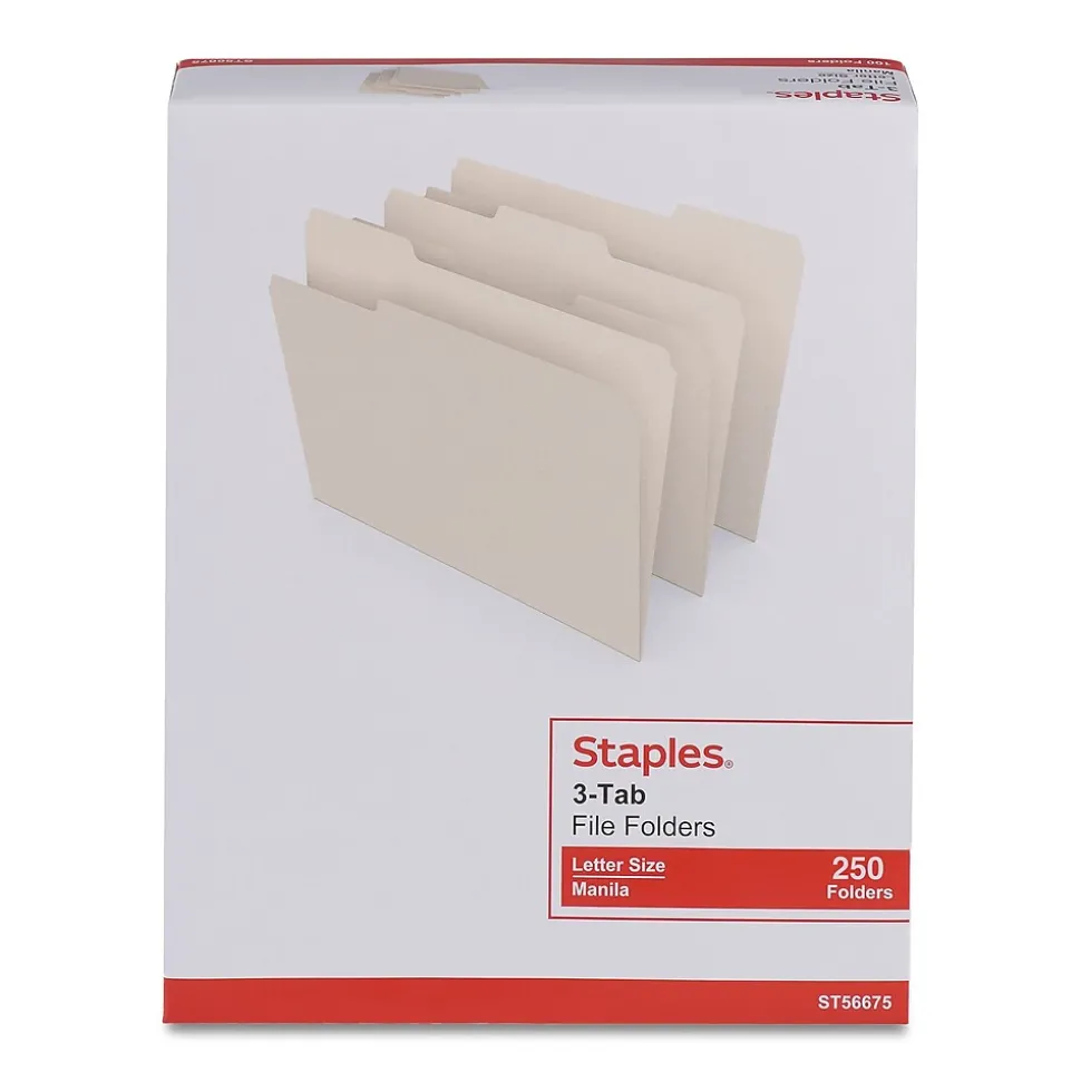 Staples Heavy Duty File Folder, 1/3 Cut Tab, Letter Size, Manila, 250/Box (TR56677)