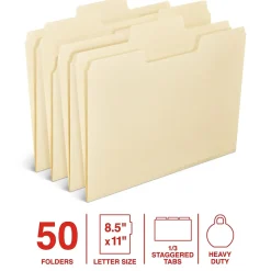 Staples Heavy Duty File Folder, 1/3-Cut Tab, Letter Size, Manila, 50/Box (ST62566)