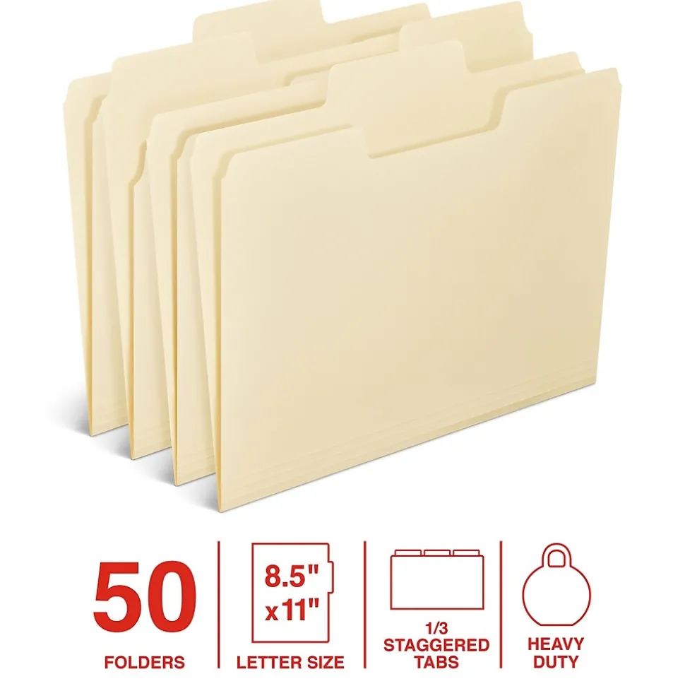 Staples Heavy Duty File Folder, 1/3-Cut Tab, Letter Size, Manila, 50/Box (ST62566)