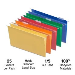 Staples Heavy Duty Reinforced Hanging File Folders, 1/5-Cut Tab, Legal Size, Assorted Colors, 25/Box (ST18657-CC)