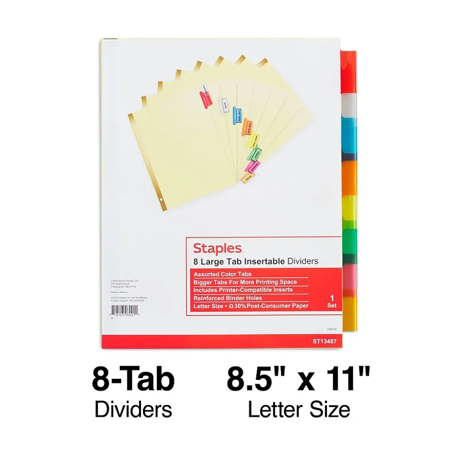 Staples Large Tab Insertable Paper Divider, 8 Tabs, Buff with Assorted-Color Tabs, 1 Set (13487/11111)