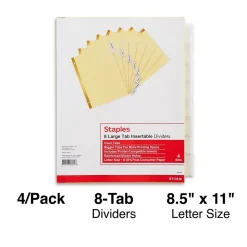 Staples Large Tab Insertable Paper Divider, 8 Tabs, Buff with Clear Tabs, 4 Sets (13516/14482)