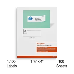 Staples Laser/Inkjet Address Labels, 1 1/3" x 4", White, 14 Labels/Sheet, 100 Sheets/Pack, 1400 Labels/Pack (18059/SIWO120)