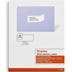 Staples Laser/Inkjet Address Labels, 1" x 2 5/8", White, 30 Labels/Sheet, 250 Sheets/Pack, 7500 Labels/Box (18063/SIWT100)
