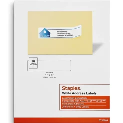 Staples Laser/Inkjet Address Labels, 1" x 4", Bright White, 20 Labels/Sheet, 250 Sheets/Box, 5000 Labels/Box (18064)