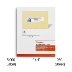 Staples Laser/Inkjet Address Labels, 1" x 4", Bright White, 20 Labels/Sheet, 250 Sheets/Box, 5000 Labels/Box (18064)