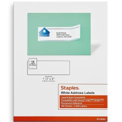 Staples Laser/Inkjet Address Labels, 1 1/3" x 4", White, 14 Labels/Sheet, 250 Sheets/Box, 3500 Labels/Box (18065)