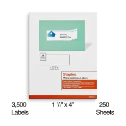 Staples Laser/Inkjet Address Labels, 1 1/3" x 4", White, 14 Labels/Sheet, 250 Sheets/Box, 3500 Labels/Box (18065)