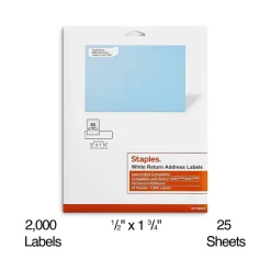 Staples Laser/Inkjet Address Labels, 1/2" x 1 3/4", White, 80 Labels/Sheet, 25 Sheets/Pack, 2000 Labels/Box (ST18053-CC)