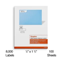 Staples Laser/Inkjet Address Labels, 1/2" x 1 3/4", White, 80 Labels/Sheet, 100 Sheets/Pack, 8000 Labels/Box (18056/SIWO090)