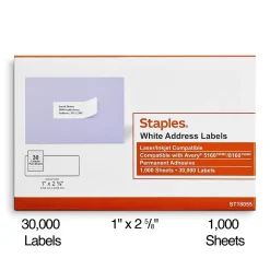 Staples Laser/Inkjet Address Labels, 1" x 2 5/8", White, 30 Labels/Sheet, 1000 Sheets/Pack, 30,000 Labels/Box (18055)