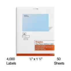 Staples Laser/Inkjet Address Labels, 1/2" x 1 3/4", Clear, 80 Labels/Sheet, 50 Sheets/Pack, 4000 Labels/Box (18080/SLCK090)