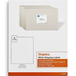 Staples Laser/Inkjet Shipping Labels, 3 1/3" x 4", White, 6 Labels/Sheet, 250 Sheets/Pack, 1500 Labels/Box (18067)