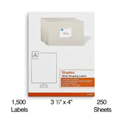 Staples Laser/Inkjet Shipping Labels, 3 1/3" x 4", White, 6 Labels/Sheet, 250 Sheets/Pack, 1500 Labels/Box (18067)