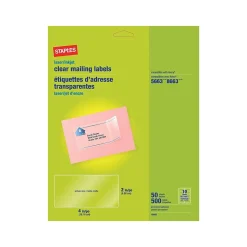 Staples Laser/Inkjet Shipping Labels, 2" x 4", Clear, 10 Labels/Sheet, 50 Sheets/Pack, 500 Labels/Box (18083)