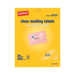 Staples Laser/Inkjet Shipping Labels, 2" x 4", Clear, 10 Labels/Sheet, 25 Sheets/Pack, 250 Labels/Box (18089/SCNJ130)