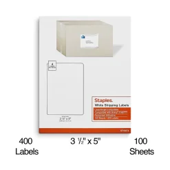 Staples Laser/Inkjet Shipping Labels, 3 1/2" x 5", Bright White, 4 Labels/Sheet, 100 Sheets/Pack, 400 Labels/Box (18074-CC)